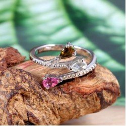 Redgem Sterling Silver Ring for Women Natural Tourmaline Multi 3X5 MM Pear