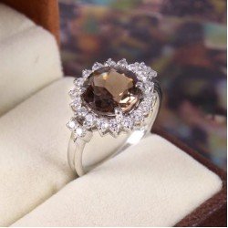Redgem 925 Silver Ring for Women Natural Smoky Quartz Brown 10 MM Round