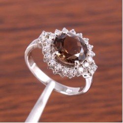 Redgem 925 Silver Ring for Women Natural Smoky Quartz Brown 10 MM Round