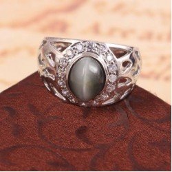 Redgem Sterling Silver Ring for Women Natural Cats Eye Grey 8X10 MM Oval 