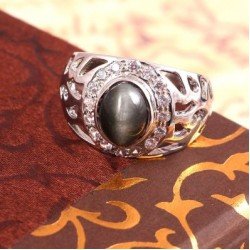 Redgem Sterling Silver Ring for Women Natural Cats Eye Grey 8X10 MM Oval 