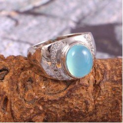 Redgem 925 Silver Ring for Women Natural Chalcedony Blue 8X10 MM Oval 