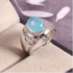 Redgem 925 Silver Ring for Women Natural Chalcedony Blue 8X10 MM Oval 