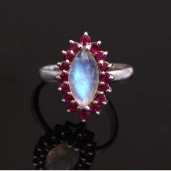 Redgem 925 Silver Ring for Women and Girls Natural Rainbow Moonstone White 6X12 MM Marquise